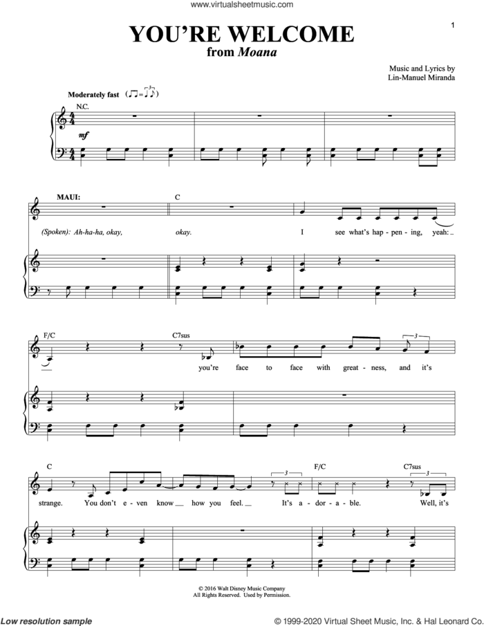 You're Welcome (from Moana) sheet music for voice and piano by Lin-Manuel Miranda, intermediate skill level