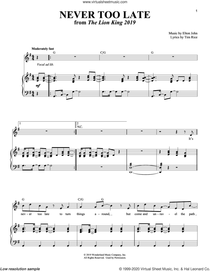 Never Too Late (from The Lion King 2019) sheet music for voice and piano by Elton John and Tim Rice, intermediate skill level