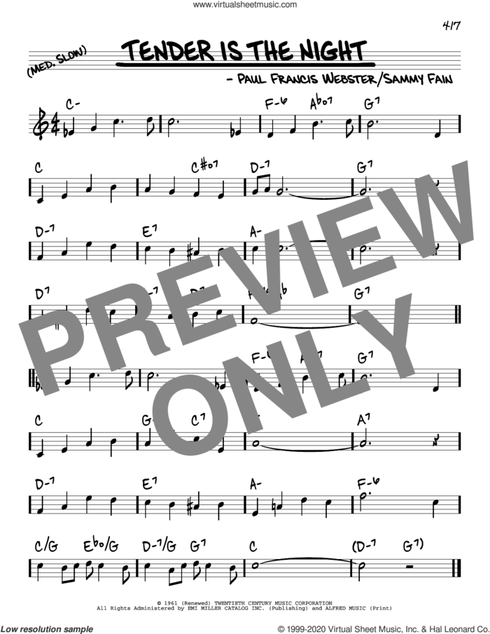 Tender Is The Night sheet music for voice and other instruments (real book) by Sammy Fain and Paul Francis Webster, intermediate skill level