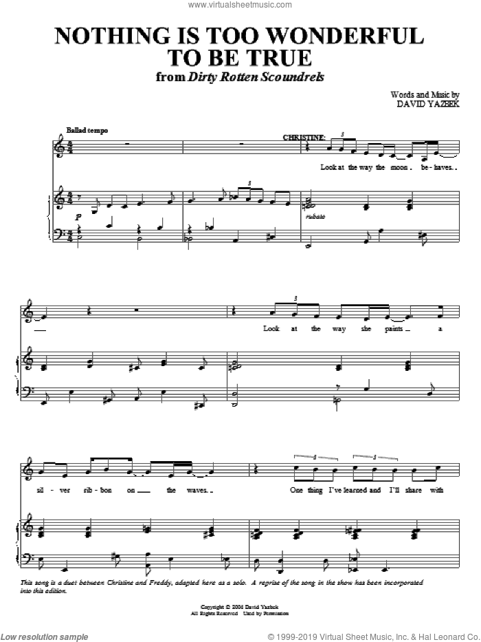 Nothing Is Too Wonderful To Be True sheet music for voice and piano by David Yazbek, intermediate skill level