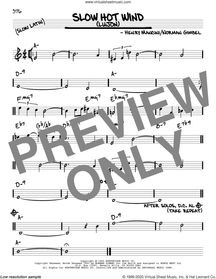 Slow Hot Wind (Lujon) sheet music for voice and other instruments (real book) by Henry Mancini and Norman Gimbel, intermediate skill level