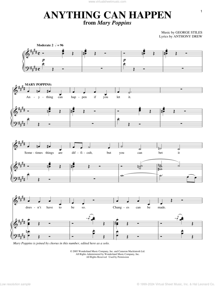 Anything Can Happen sheet music for voice and piano by Anthony Drewe, Mary Poppins (Musical) and George Stiles, intermediate skill level