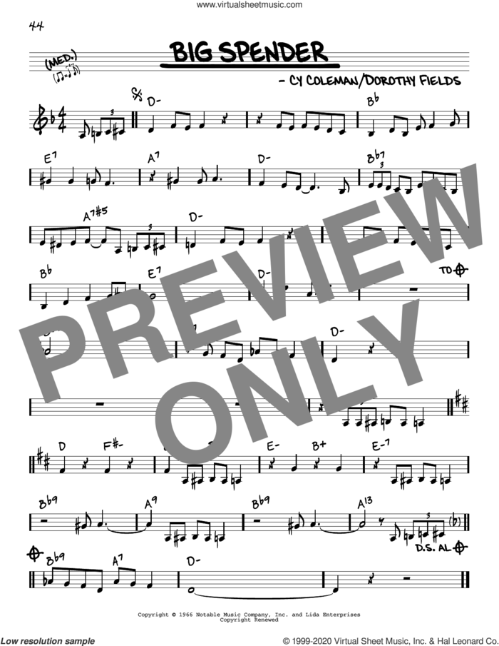 Big Spender sheet music for voice and other instruments (real book) by Peggy Lee, Cy Coleman and Dorothy Fields, intermediate skill level