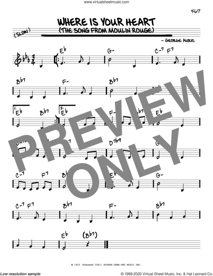 Where Is Your Heart (The Song From Moulin Rouge) sheet music for voice and other instruments (real book) by Percy Faith and His Orchestra, George Auric and William Engvick, intermediate skill level
