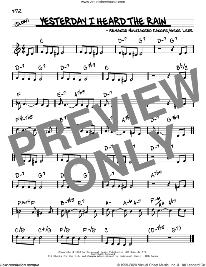 Yesterday I Heard The Rain sheet music for voice and other instruments (real book) by Armando Manzanero Canche and Eugene John Lees, intermediate skill level