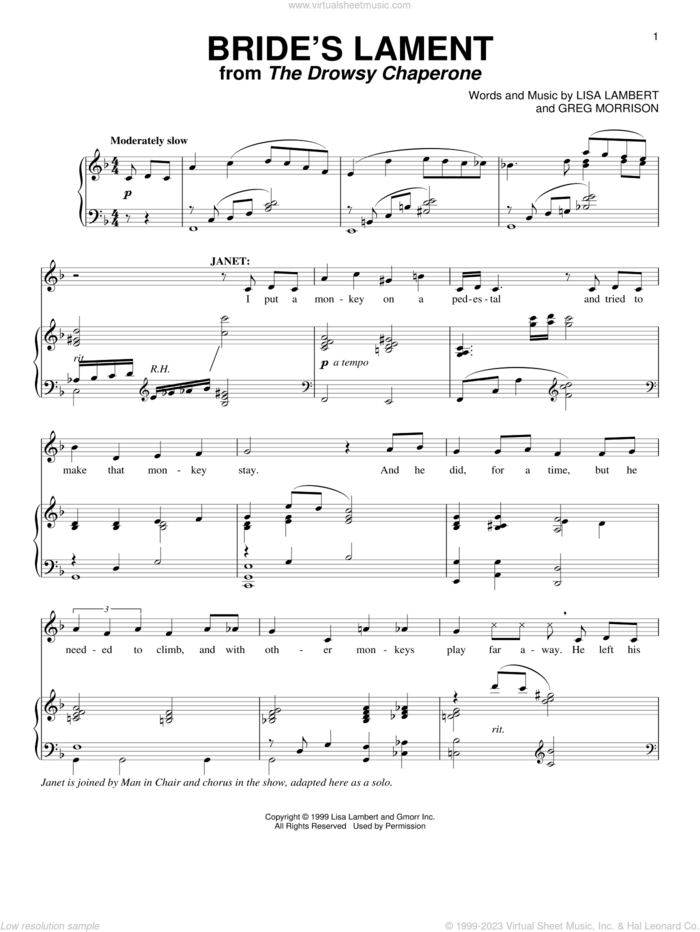 Bride's Lament sheet music for voice and piano by Lisa Lambert and Greg Morrison, intermediate skill level