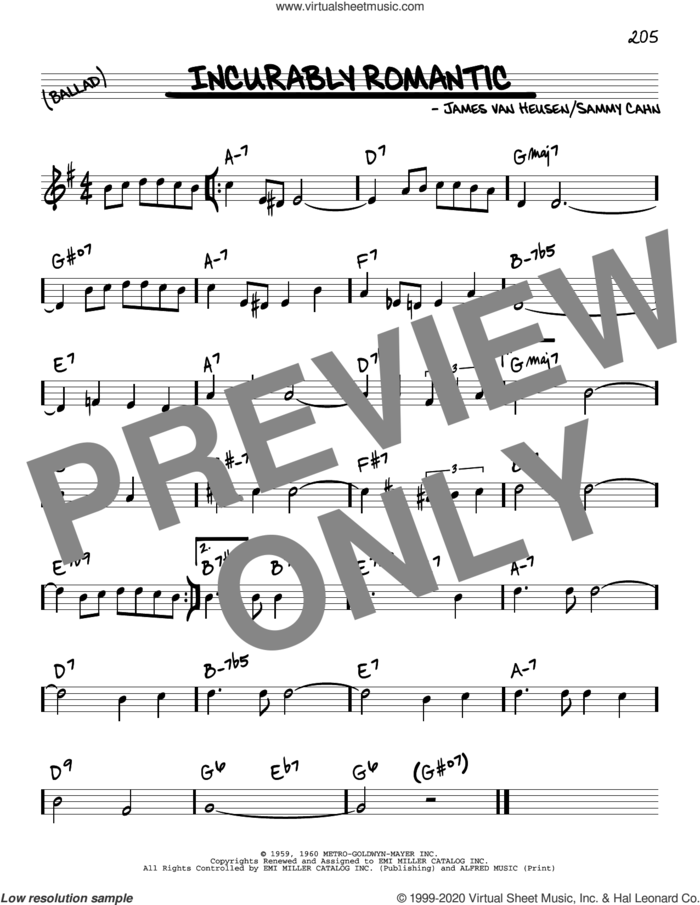 Incurably Romantic sheet music for voice and other instruments (real book) by Sammy Cahn and Jimmy van Heusen, intermediate skill level