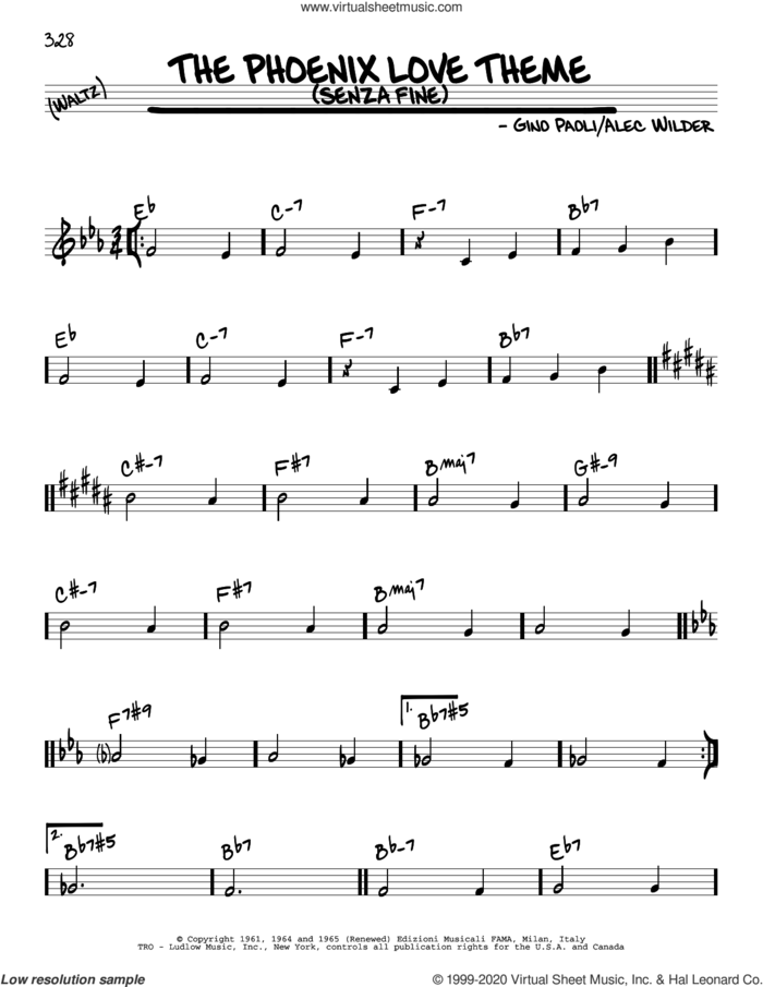 The Phoenix Love Theme (Senza Fine) sheet music for voice and other instruments (real book) by Alec Wilder and Gino Paoli, intermediate skill level