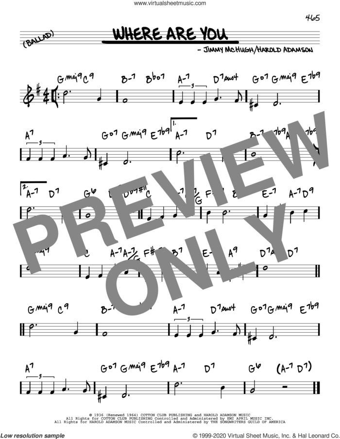 Where Are You sheet music for voice and other instruments (real book) by Frank Sinatra, Harold Adamson and Jimmy McHugh, intermediate skill level
