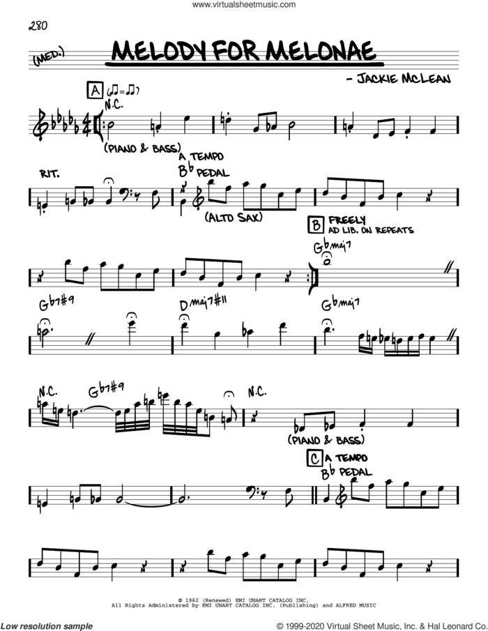 Melody For Melonae sheet music for voice and other instruments (real book) by Jackie McLean, intermediate skill level