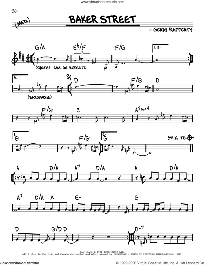 Baker Street sheet music for voice and other instruments (real book) by Gerry Rafferty and Foo Fighters, intermediate skill level