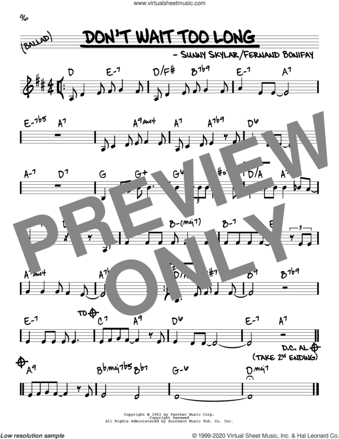 Don't Wait Too Long sheet music for voice and other instruments (real book) by Sunny Skylar and Fernand Bonifay, intermediate skill level