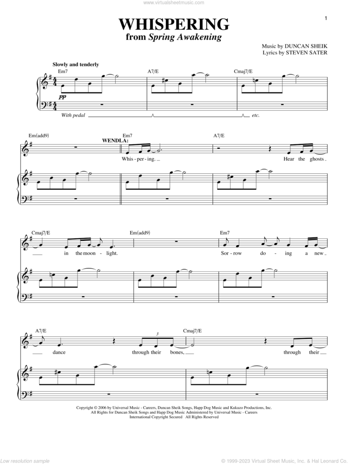 Whispering sheet music for voice and piano by Duncan Sheik, Spring Awakening (Musical) and Steven Sater, intermediate skill level