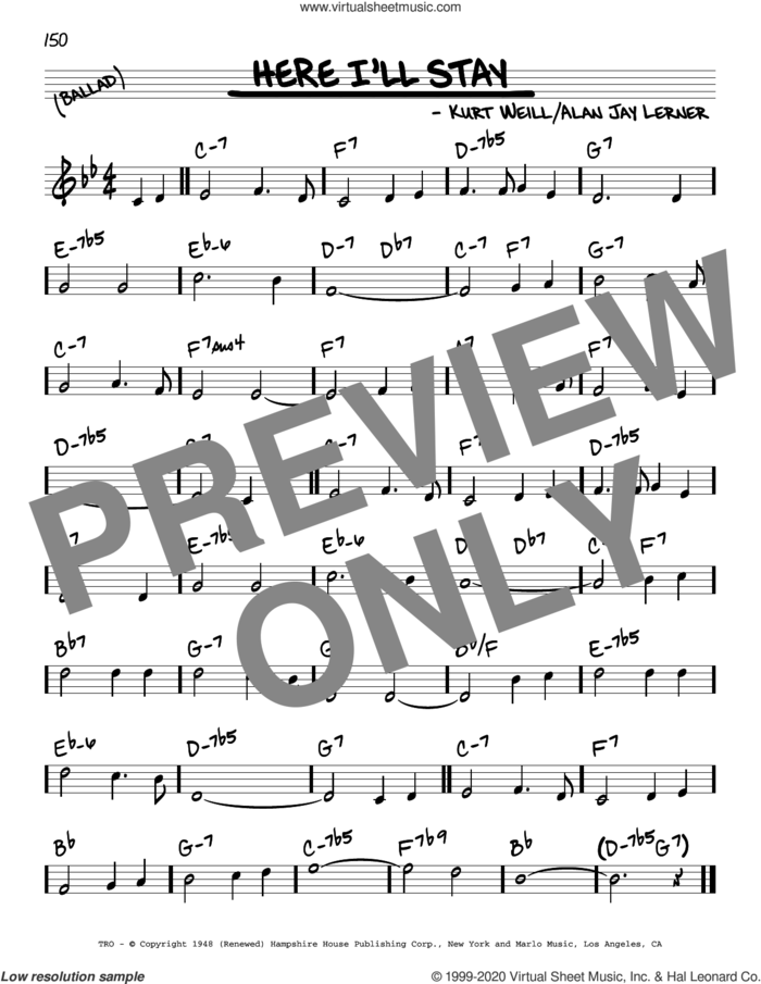 Here I'll Stay sheet music for voice and other instruments (real book) by Alan Jay Lerner and Kurt Weill, intermediate skill level
