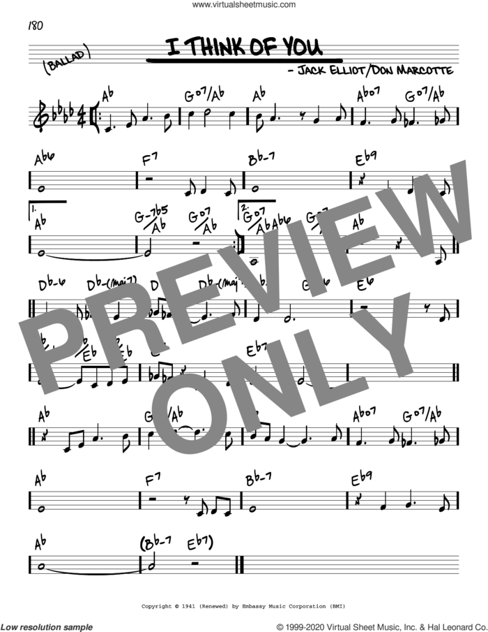 I Think Of You sheet music for voice and other instruments (real book) by Frank Sinatra, Don Marcotte and Jack Elliot, intermediate skill level