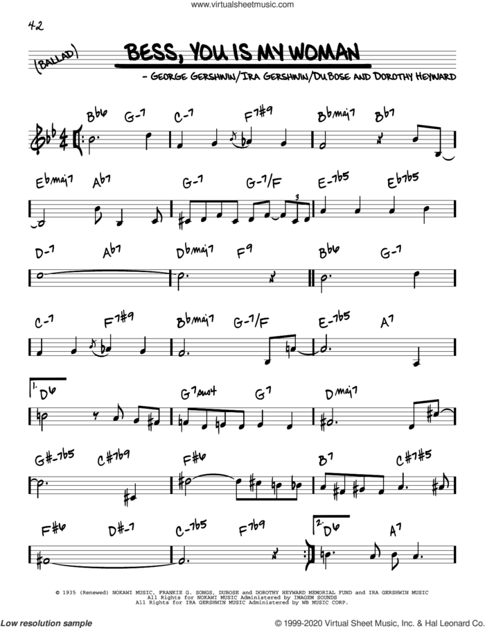 Bess, You Is My Woman sheet music for voice and other instruments (real book) by George Gershwin, Dorothy Heyward, DuBose Heyward and Ira Gershwin, intermediate skill level