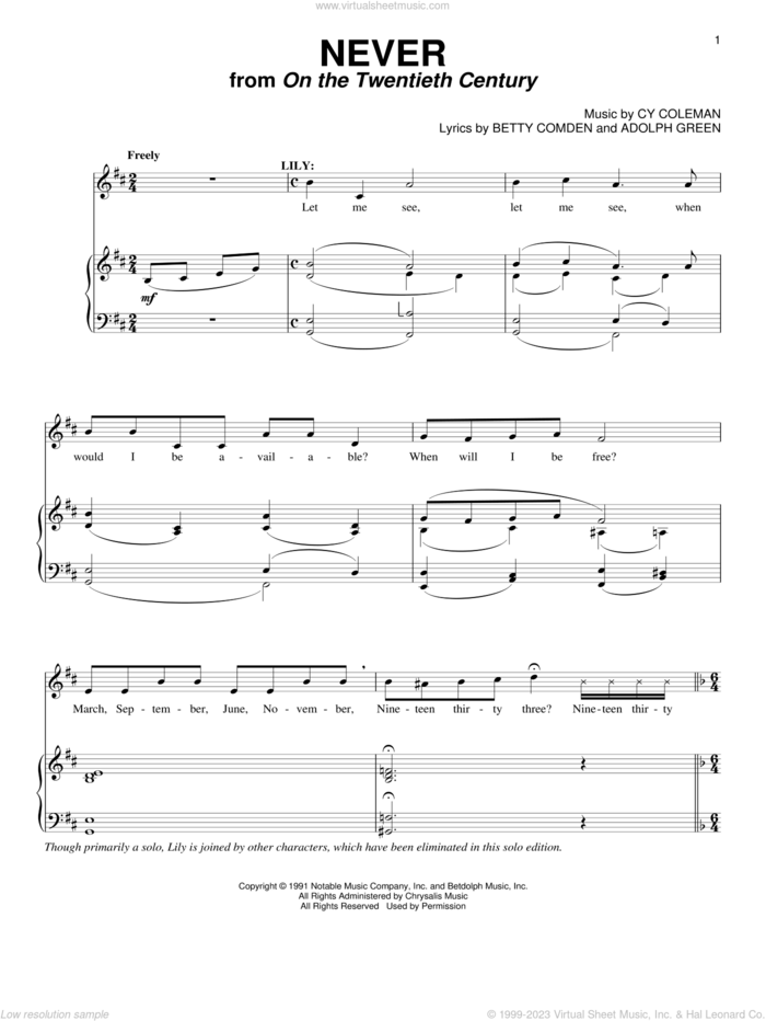 Never (from On The Twentieth Century) sheet music for voice and piano by Cy Coleman, Adolph Green and Betty Comden, intermediate skill level