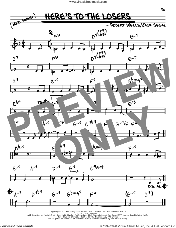 Here's To The Losers sheet music for voice and other instruments (real book) by Robert Wells and Jack Segal, intermediate skill level