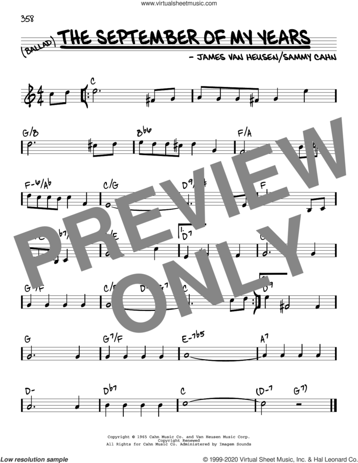 The September Of My Years sheet music for voice and other instruments (real book) by Frank Sinatra, Jimmy van Heusen and Sammy Cahn, intermediate skill level