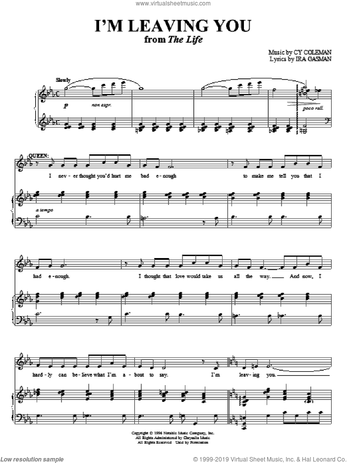 I'm Leaving You sheet music for voice and piano by Cy Coleman and Ira Gasman, intermediate skill level