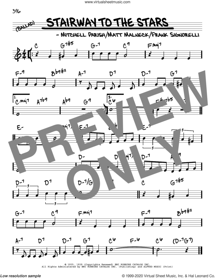 Stairway To The Stars sheet music for voice and other instruments (real book) by Mitchell Parish, Frank Signorelli and Matt Malneck, intermediate skill level