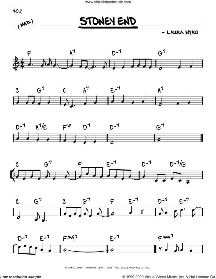 Stoney End sheet music for voice and other instruments (real book) by Laura Nyro, intermediate skill level