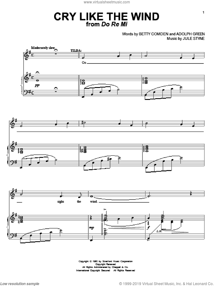 Cry Like The Wind sheet music for voice and piano by Betty Comden, Adolph Green and Jule Styne, intermediate skill level