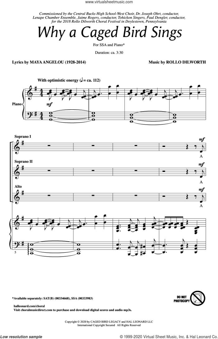 Why A Caged Bird Sings sheet music for choir (SSA: soprano, alto) by Rollo Dilworth, Maya Angelou and Maya Angelou and Rollo Dilworth, intermediate skill level