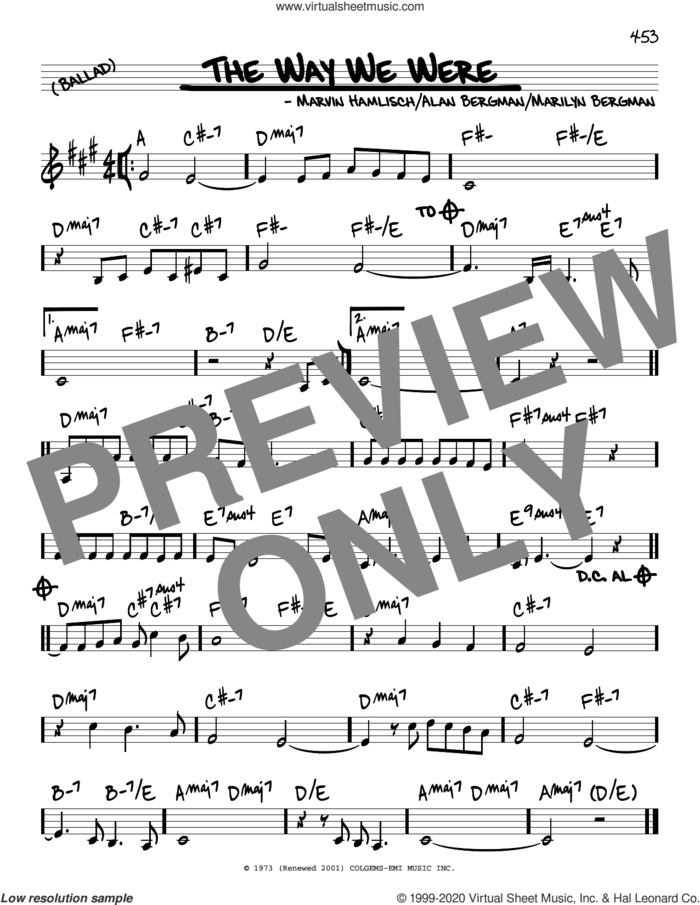 The Way We Were sheet music for voice and other instruments (real book) by Barbra Streisand, Alan Bergman, Marilyn Bergman and Marvin Hamlisch, intermediate skill level