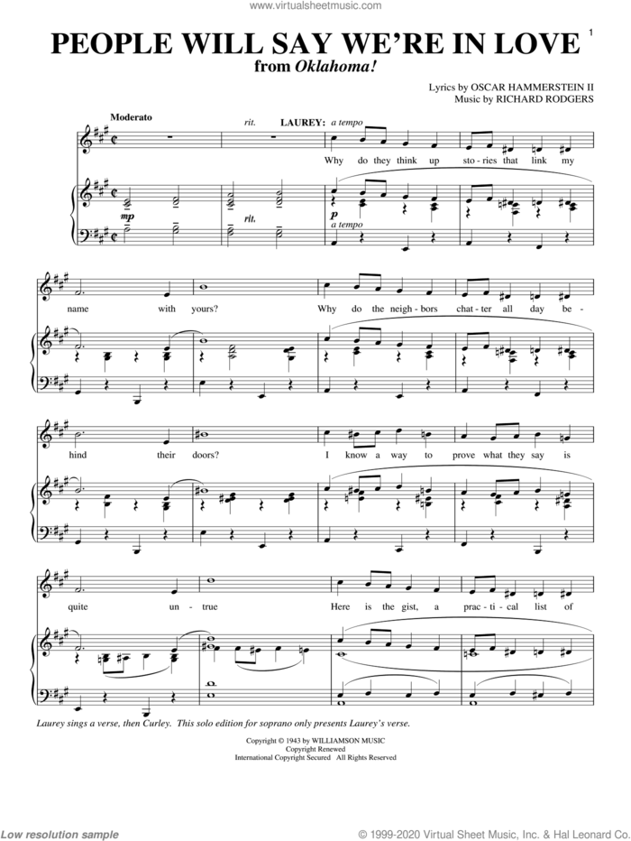 People Will Say We're In Love (from Oklahoma!) sheet music for voice and piano by Rodgers & Hammerstein, Oklahoma! (Musical), Oscar II Hammerstein and Richard Rodgers, intermediate skill level