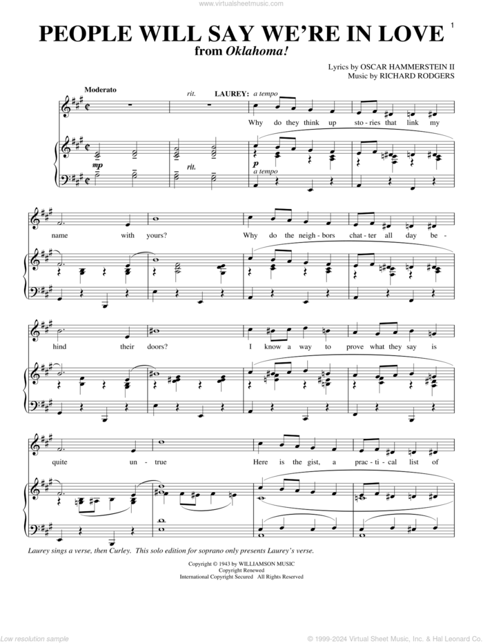 People Will Say We're In Love (from Oklahoma!) sheet music for voice and piano by Rodgers & Hammerstein, Oklahoma! (Musical), Oscar II Hammerstein and Richard Rodgers, intermediate skill level