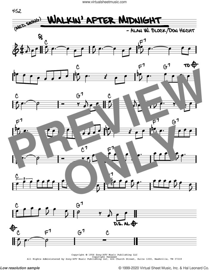 Walkin' After Midnight sheet music for voice and other instruments (real book) by Patsy Cline, Alan W. Block and Don Hecht, intermediate skill level