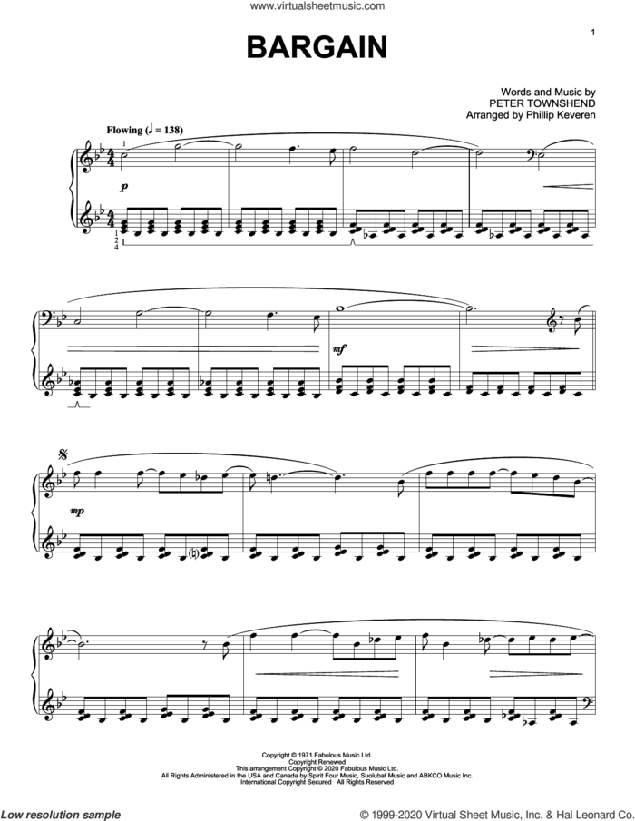 Bargain [Classical version] (arr. Phillip Keveren) sheet music for piano solo by The Who, Phillip Keveren and Pete Townshend, intermediate skill level