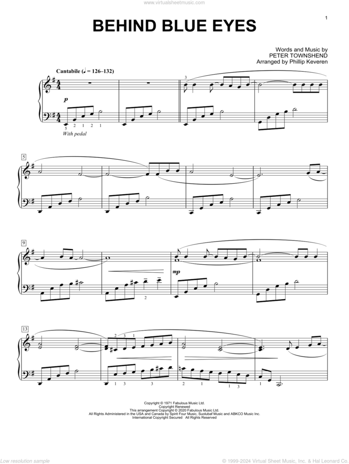 Behind Blue Eyes [Classical version] (arr. Phillip Keveren) sheet music for piano solo by The Who, Phillip Keveren and Pete Townshend, intermediate skill level