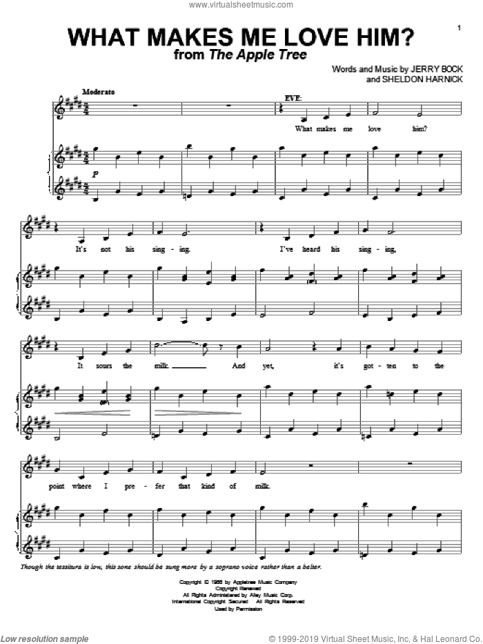 What Makes Me Love Him? sheet music for voice and piano by Bock & Harnick, Jerry Bock and Sheldon Harnick, intermediate skill level
