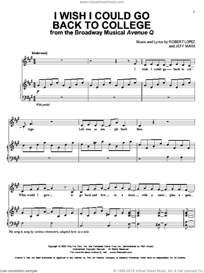 I Wish I Could Go Back To College (from Avenue Q) sheet music for voice and piano by Avenue Q, Jeff Marx, Robert Lopez and Robert Lopez & Jeff Marx, intermediate skill level