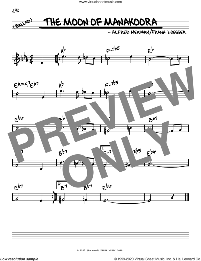 The Moon Of Manakoora sheet music for voice and other instruments (real book) by Frank Loesser and Alfred Newman, intermediate skill level