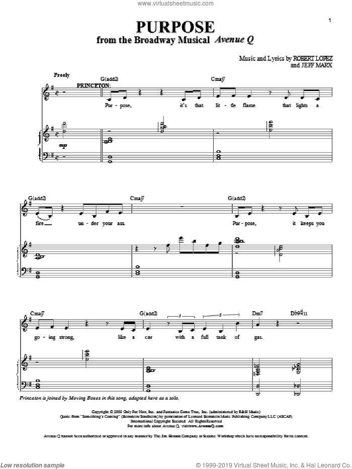 Purpose (from Avenue Q) sheet music for voice and piano by Avenue Q, Jeff Marx, Robert Lopez and Robert Lopez & Jeff Marx, intermediate skill level