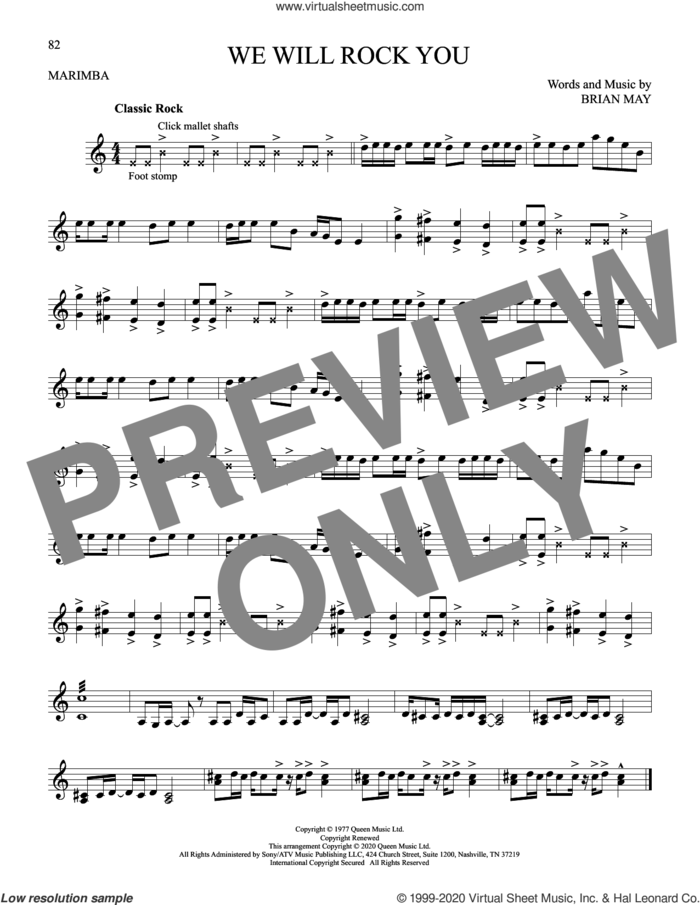 We Will Rock You sheet music for Marimba Solo by Queen and Brian May, intermediate skill level