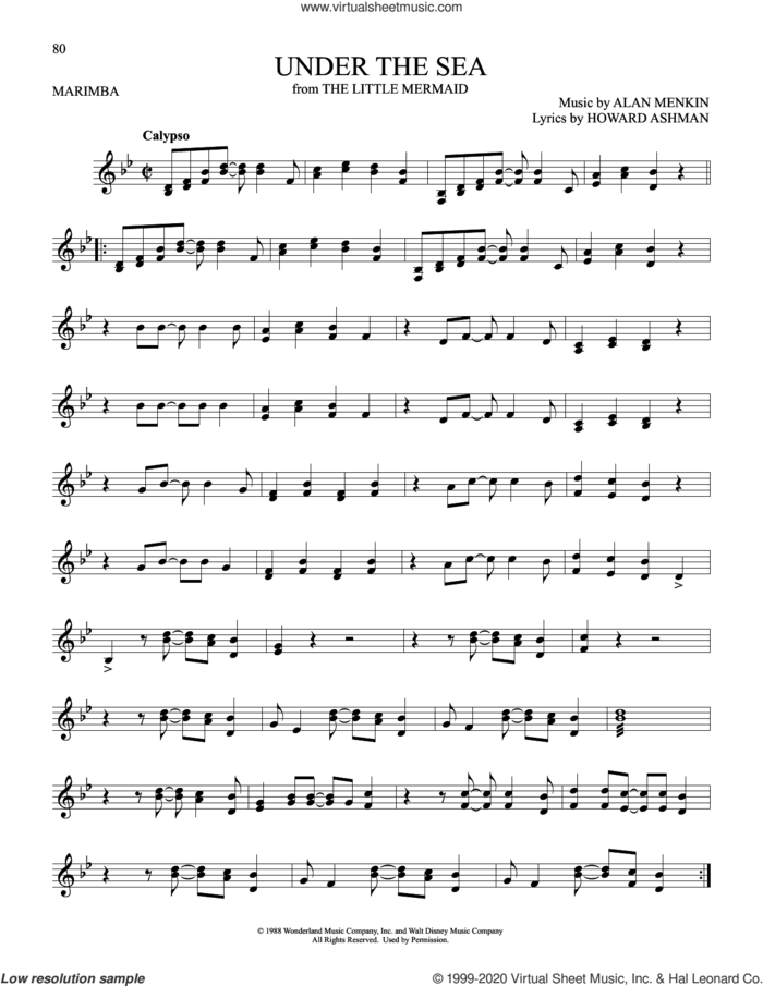 Under The Sea (from The Little Mermaid) sheet music for Marimba Solo by Alan Menken and Howard Ashman, intermediate skill level