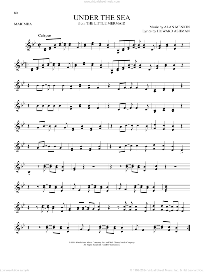 Under The Sea (from The Little Mermaid) sheet music for Marimba Solo by Alan Menken and Howard Ashman, intermediate skill level