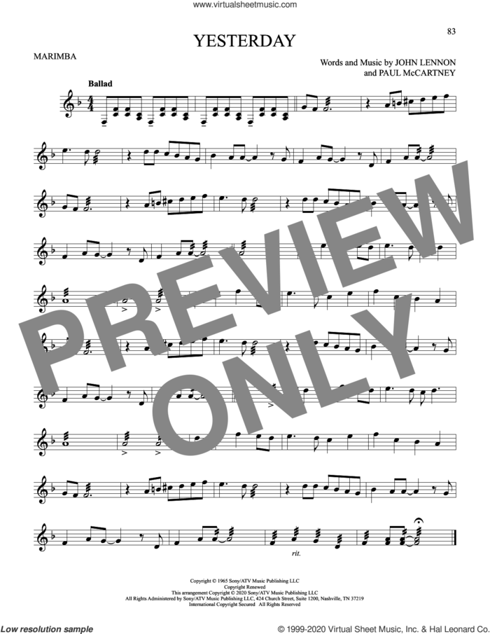 Yesterday sheet music for Marimba Solo by The Beatles, John Lennon and Paul McCartney, intermediate skill level