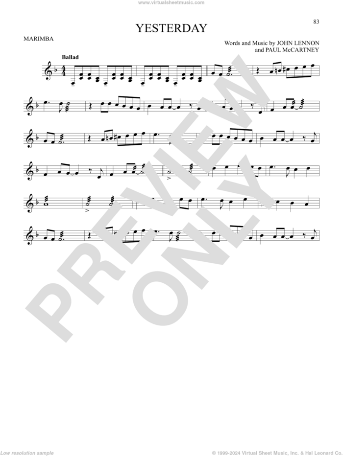 Yesterday sheet music for Marimba Solo by The Beatles, John Lennon and Paul McCartney, intermediate skill level