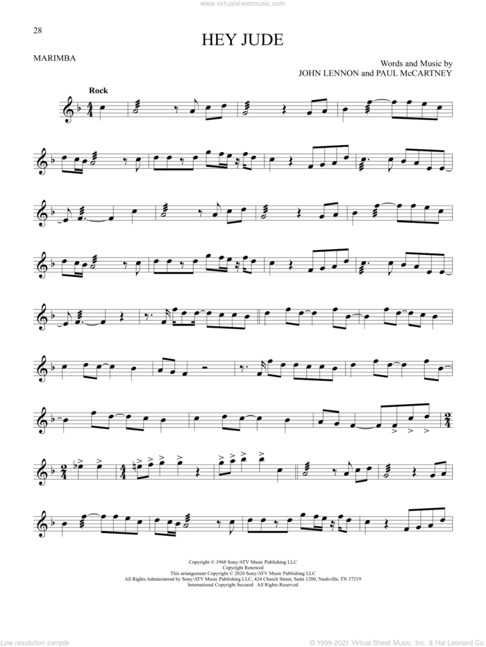 Hey Jude sheet music for Marimba Solo by The Beatles, John Lennon and Paul McCartney, intermediate skill level