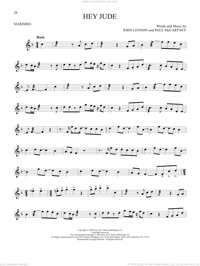 Hey Jude sheet music for Marimba Solo by The Beatles, John Lennon and Paul McCartney, intermediate skill level