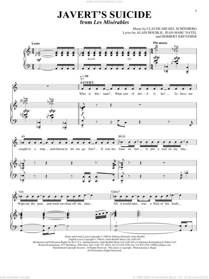 Javert's Suicide sheet music for voice and piano by Boublil and Schonberg, Alain Boublil, Claude-Michel Schonberg and Jean-Marc Natel, intermediate skill level