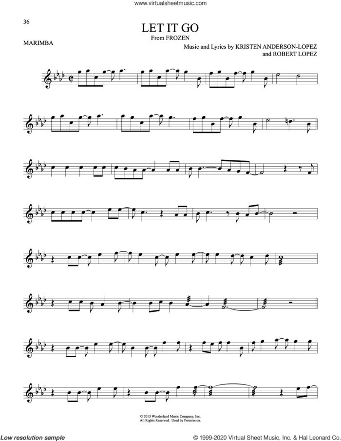Let It Go (from Frozen) sheet music for Marimba Solo by Idina Menzel, Kristen Anderson-Lopez and Robert Lopez, intermediate skill level