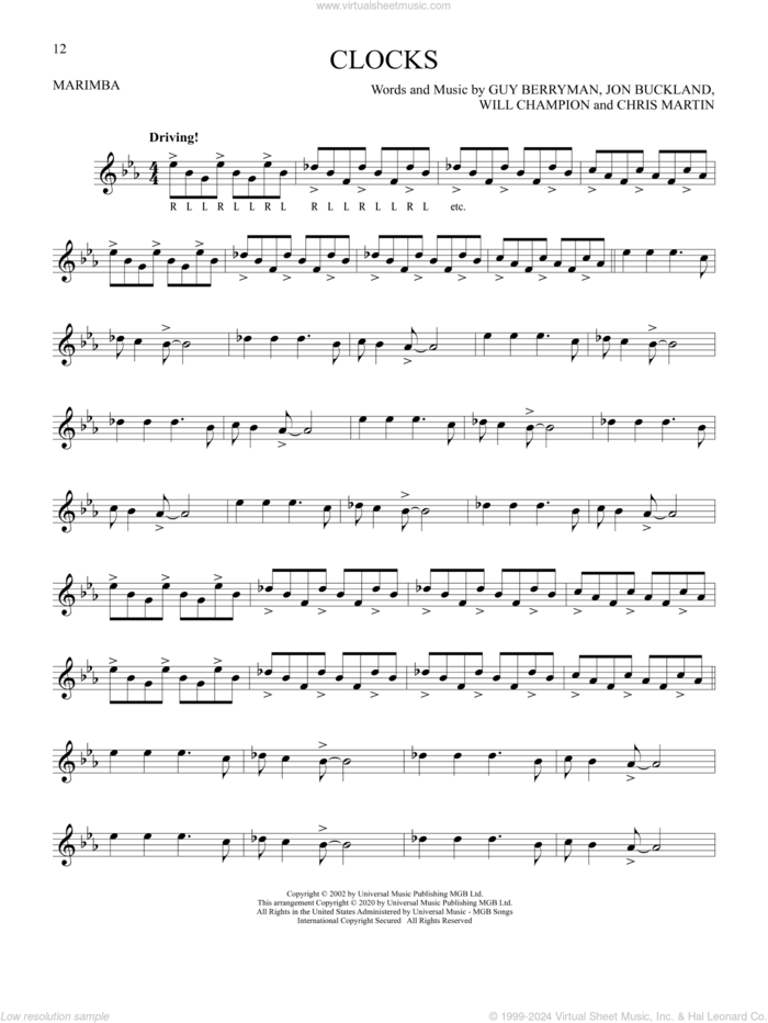 Clocks sheet music for Marimba Solo by Coldplay, Chris Martin, Guy Berryman, Jon Buckland and Will Champion, intermediate skill level