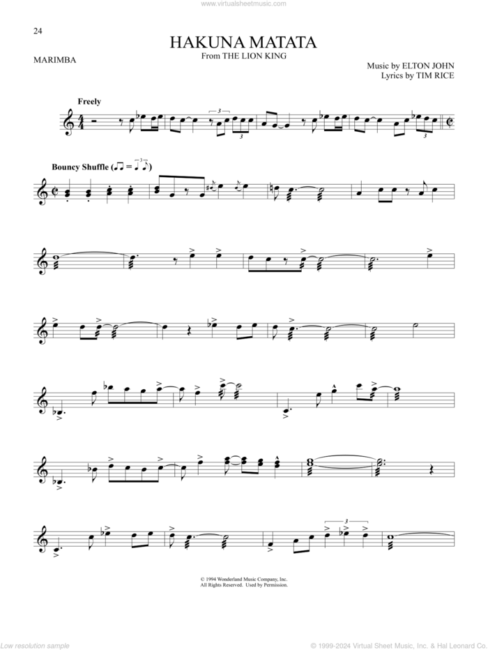 Hakuna Matata (from The Lion King) sheet music for Marimba Solo by Elton John and Tim Rice, intermediate skill level