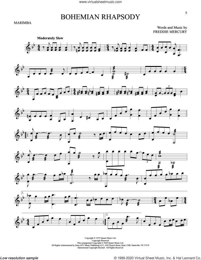 Bohemian Rhapsody sheet music for Marimba Solo by Queen and Freddie Mercury, intermediate skill level
